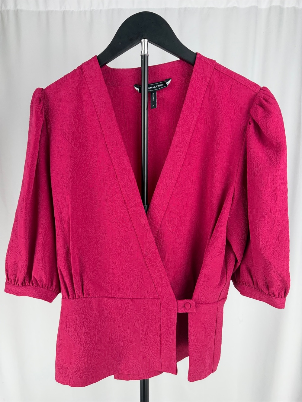 BCBGMAXAZARIA Bright Fuchsia Textured Wrap-Style Long Sleeve Dress